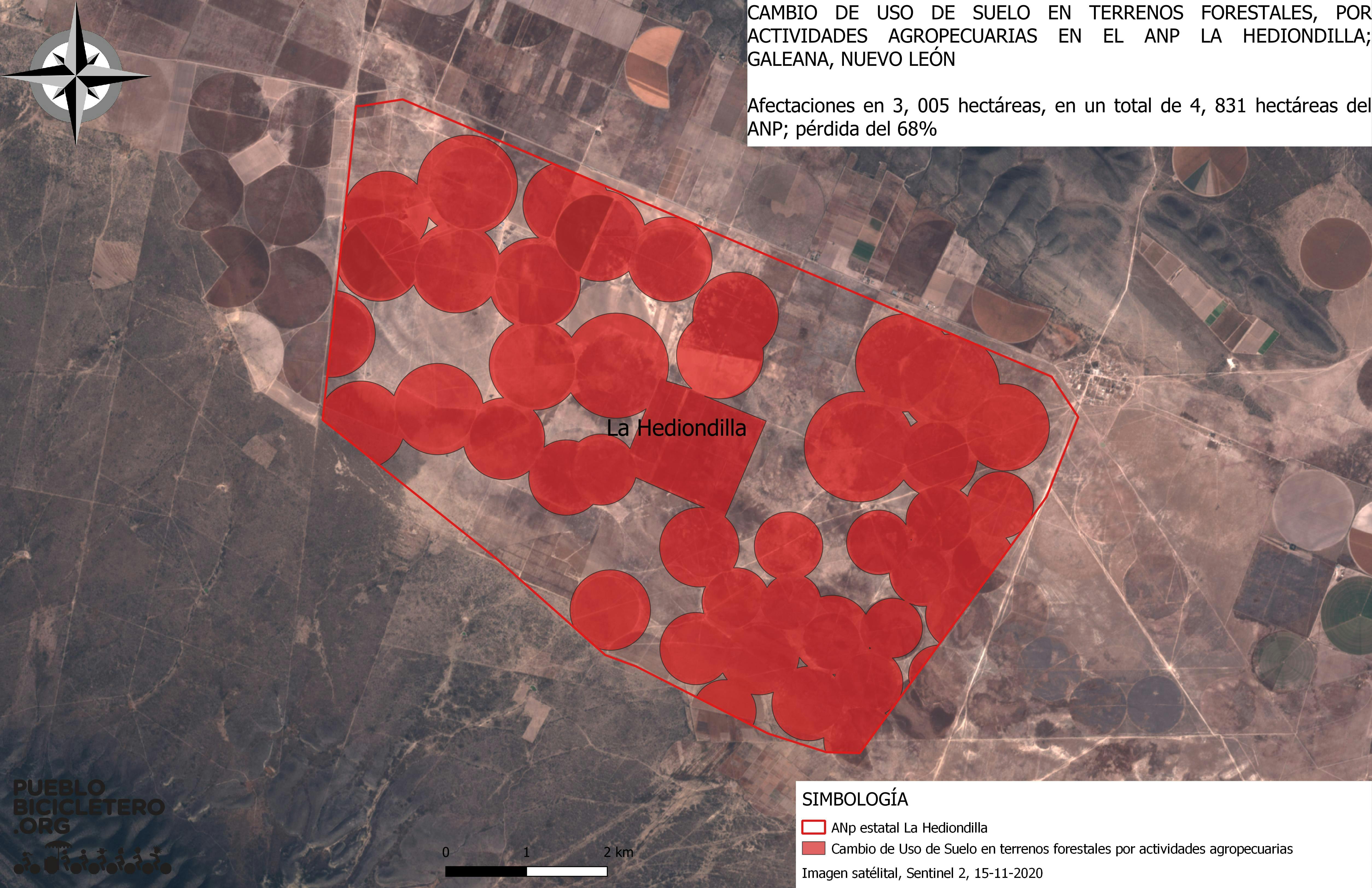Mapa que muestra las afectaciones en el área natural protegida de La Hediondilla.