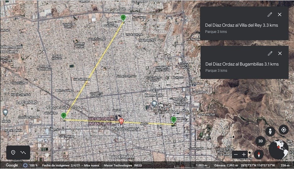 Mapa que muestra la distancia entre parques con más del 40% de cobertura vegetal en el norte de Hermosillo