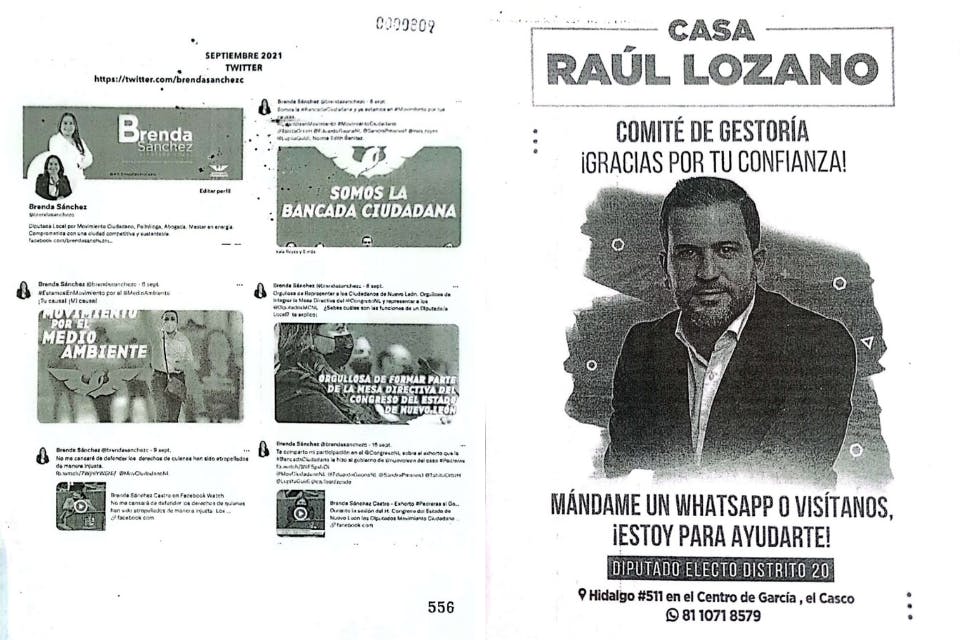 Publicidad impresa y en redes contratada por legisladora de MC y coordinador del PVEM