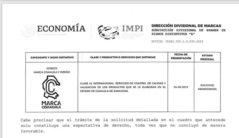 Oficio que revela que la secretaria de economia abandono el proceso ante el impi para registrar la marca coahuila