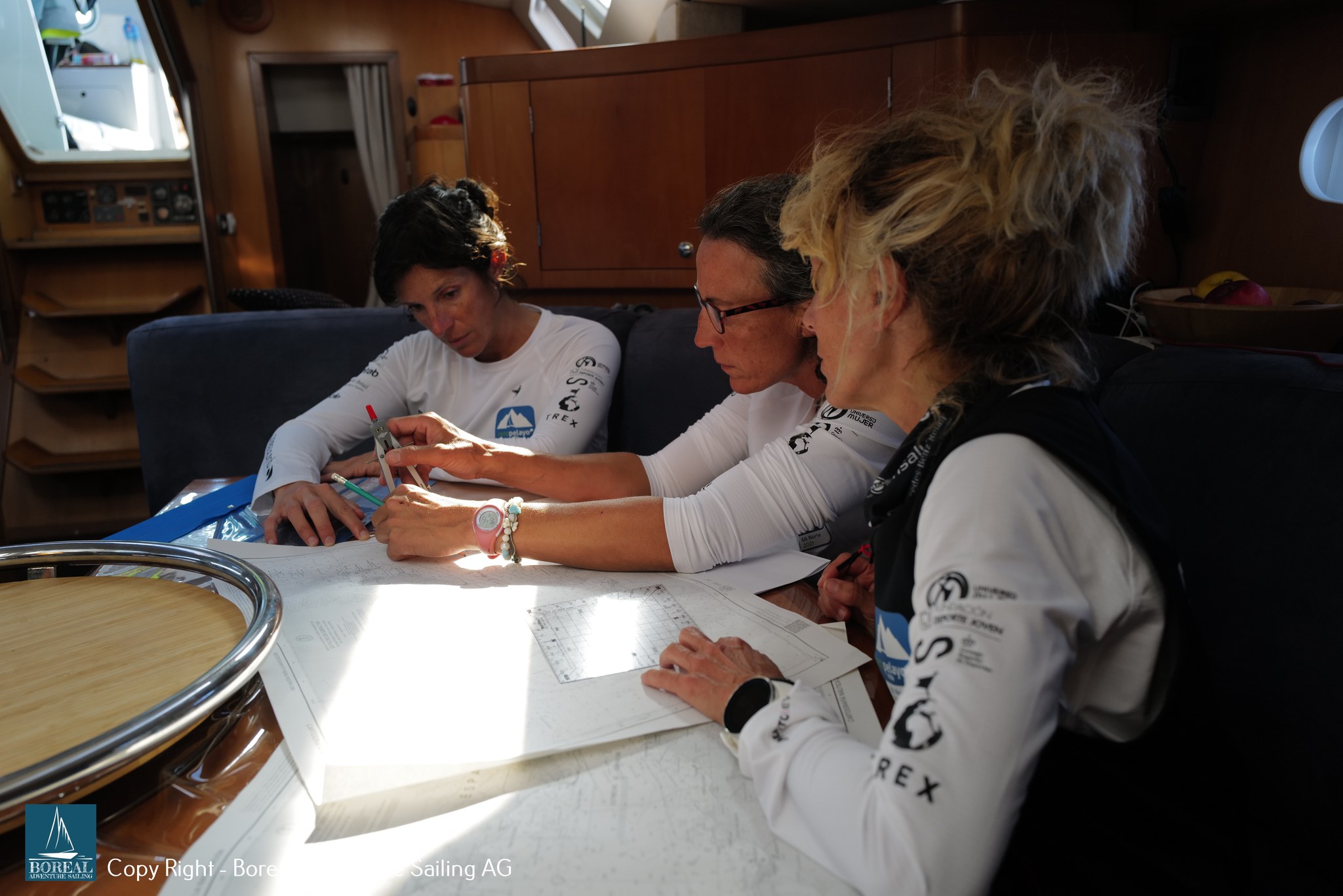 Offshore Sailing: crew plotting the route together at the chart table