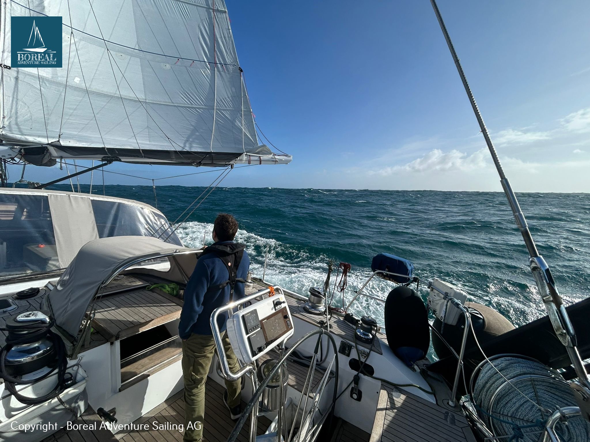 Offshore Sailing: crew in the cockpit under full sail on a breezy open sea