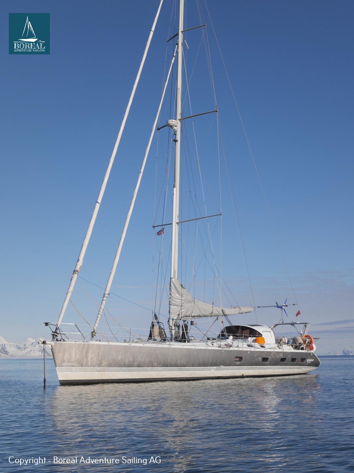 Ski & Sail, Svalbard: sailing yacht at anchor on calm Arctic water under blue sky