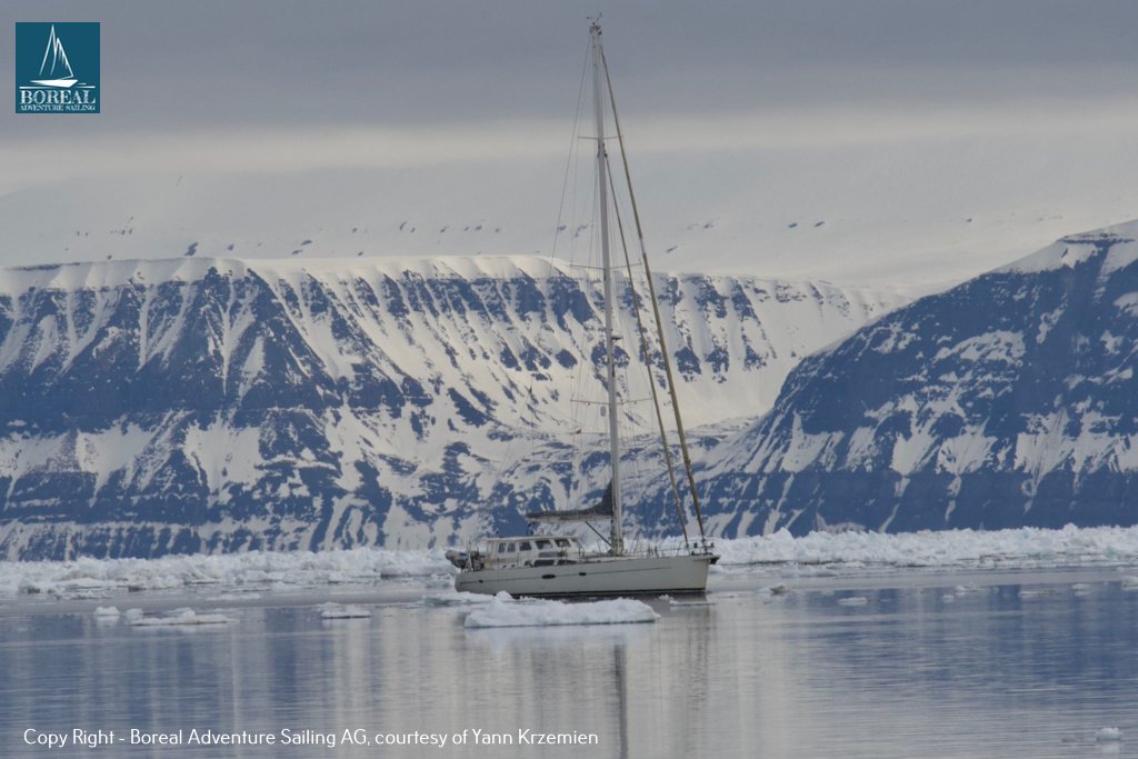Offshore Sailing: yacht among drift ice below snow-streaked Arctic mountains