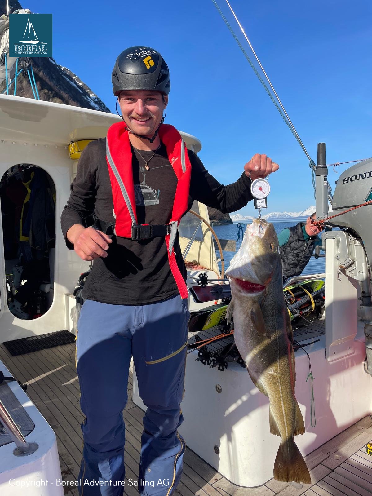 Ski & Sail, Lyngen Alps: guest on deck holding a large freshly caught cod