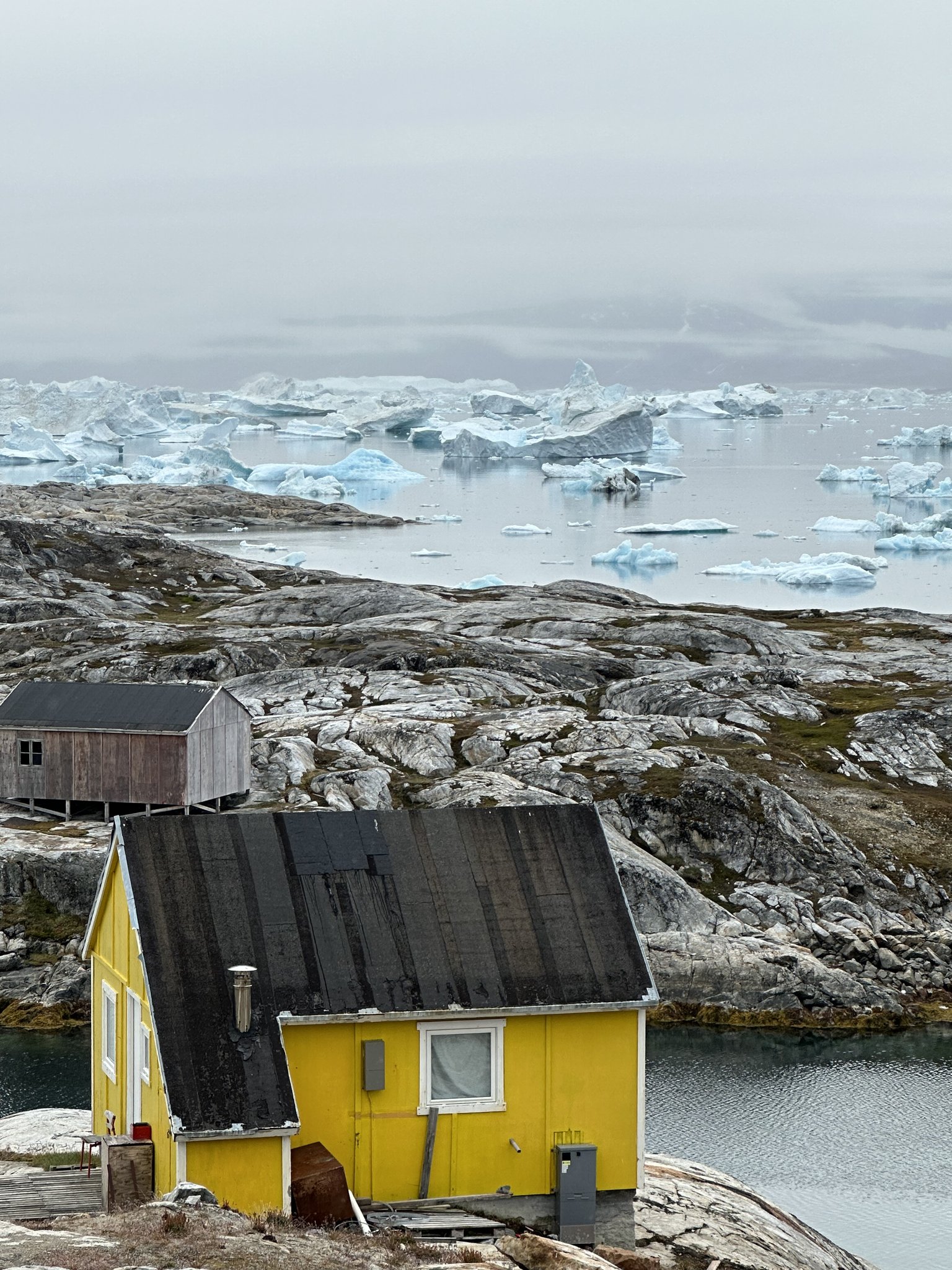 Sail & Explore, East Greenland: yellow wooden house above a bay filled with icebergs