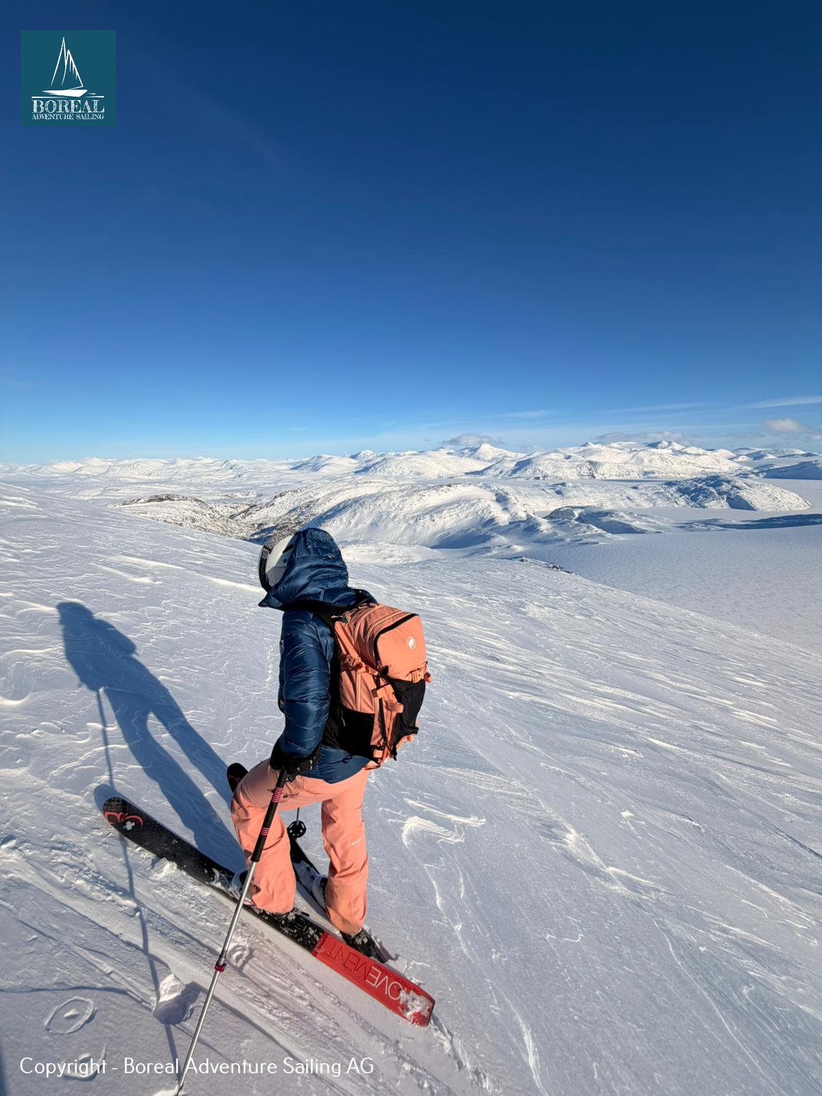 Ski & Sail, Bodø & Lofoten: skier pausing on a vast sunlit snow plateau