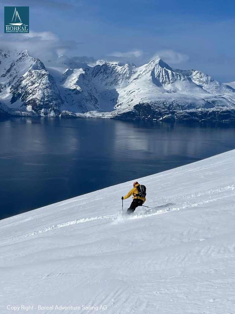 Ski & Sail, Lyngen Alps: skier descending above a fjord facing the jagged Lyngen Alps