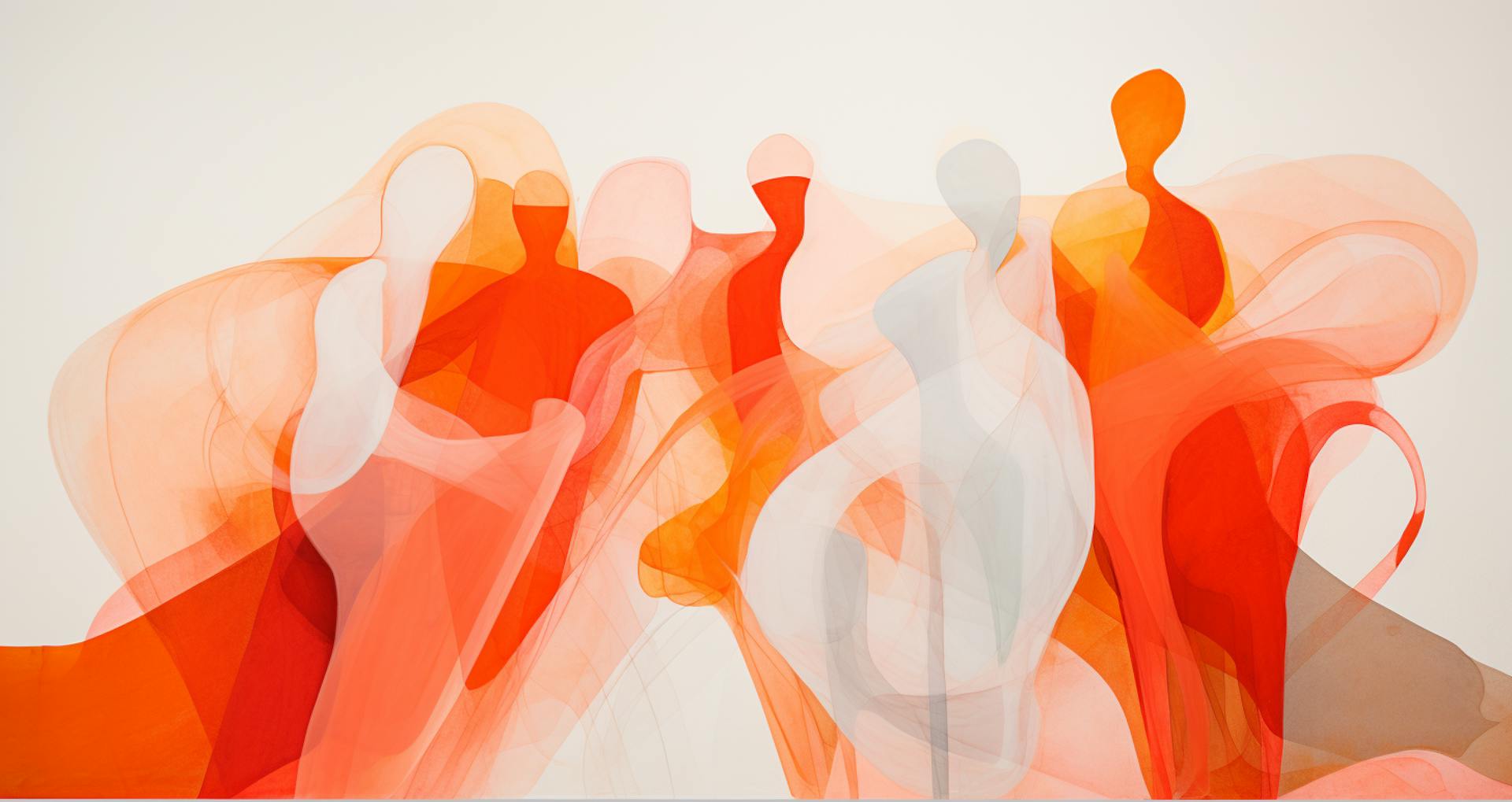 An abstract artistic image with orange figures on a white background
