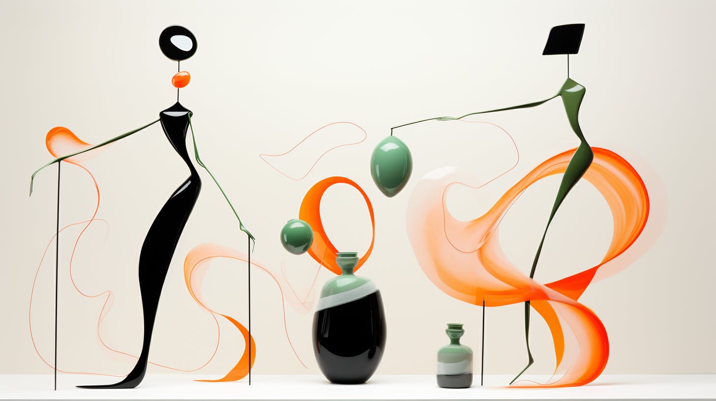 Black and orange abstract figures on the light background
