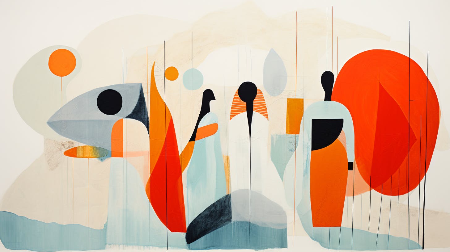 Red and beige abstract figures of people on the abstract background
