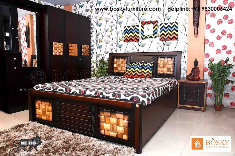 Bedroom picture with teak wood bed and teak wood wardrobe set