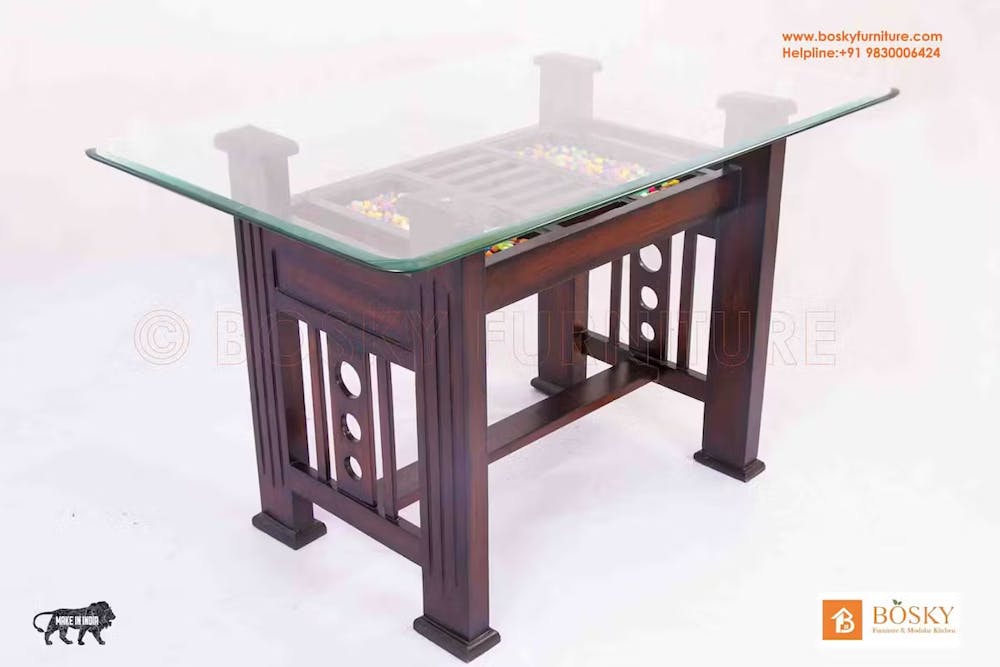 Image of a wooden table with glass top for daily use