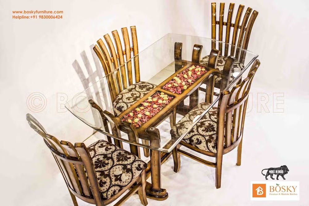 Image of a solid wood dining table chairs with glass top