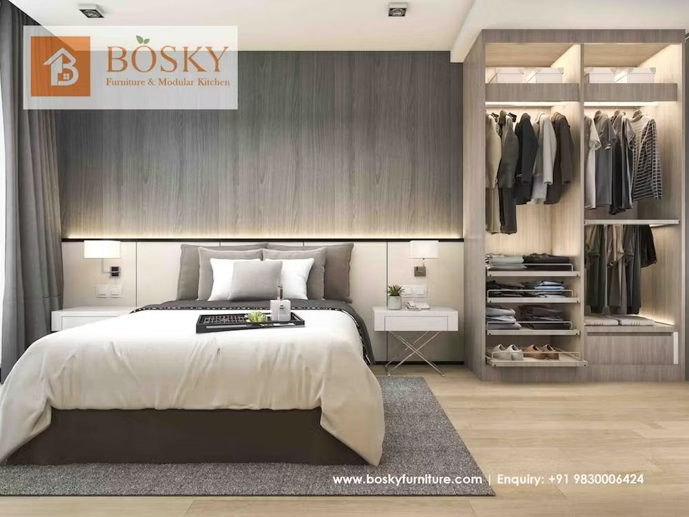 Modular home furnishing with open wardrobe and a bed