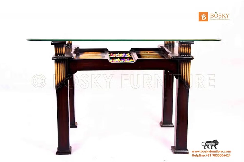 Front view of a wooden curved table with flat glass table top