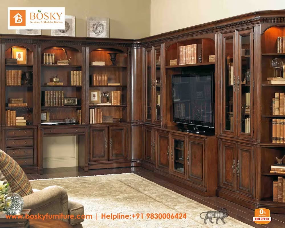 A modern home design with wooden book shelves image