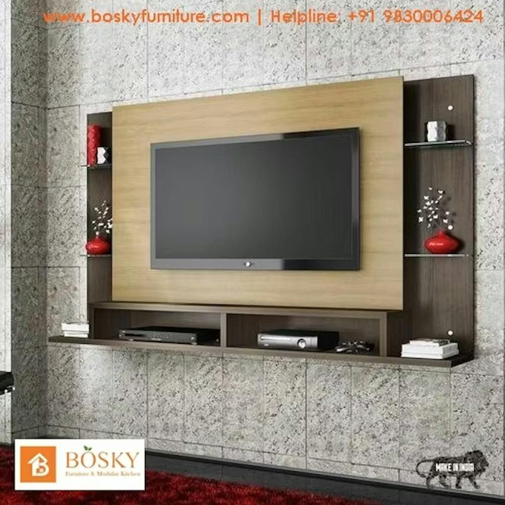 Rubberwood TV unit fitted in wall