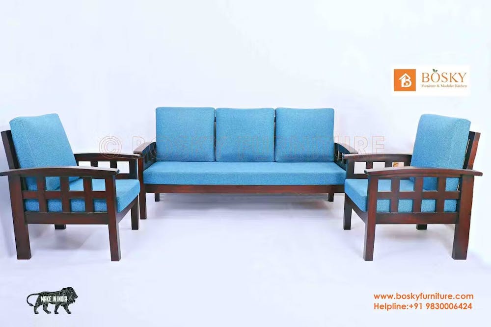 Full sofa set photo with chairs with blue cushion finish