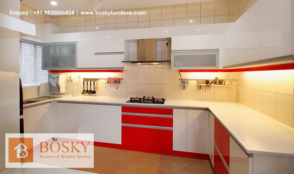 Red and White modular kitchen