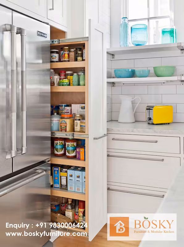 Pull out pantry in kitchen storage unit