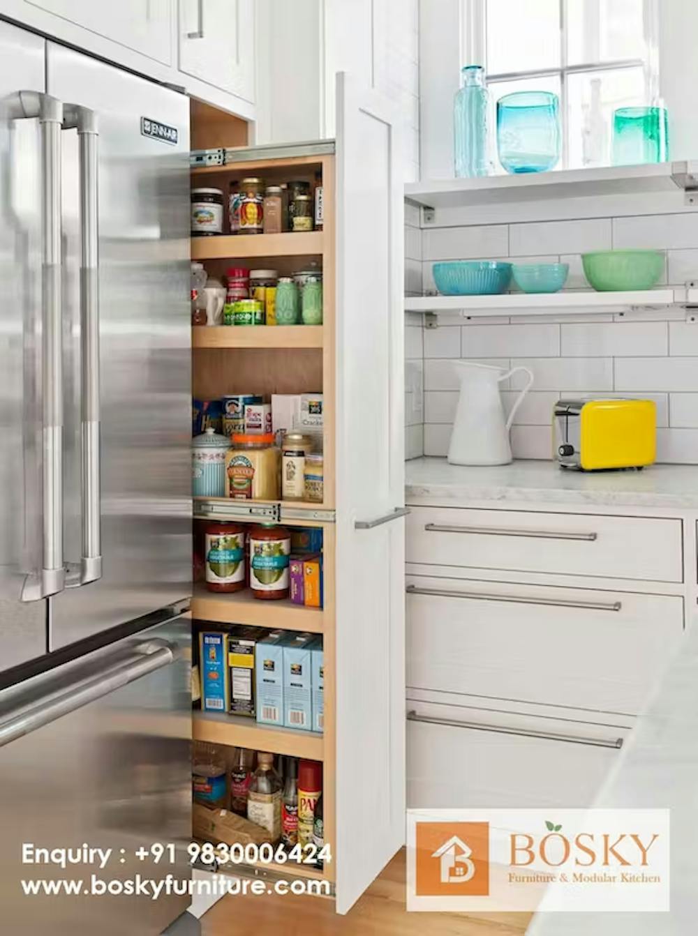 Pull out pantry in kitchen storage unit