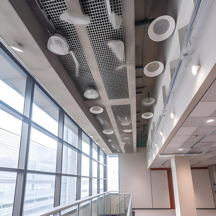 Exposed ceiling with false ceiling covering openings for office pic