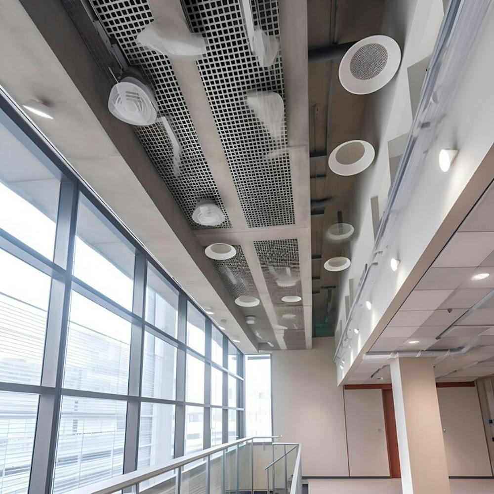Exposed ceiling with false ceiling covering openings for office pic