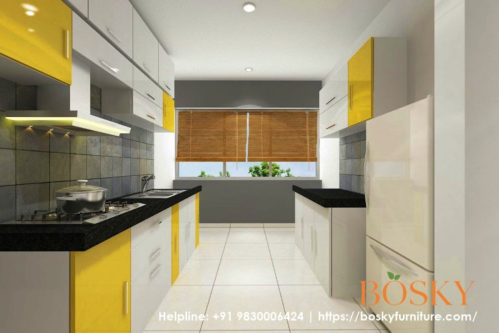 modular kitchen design colour combination - Mustard Yellow and Charcoal Grey