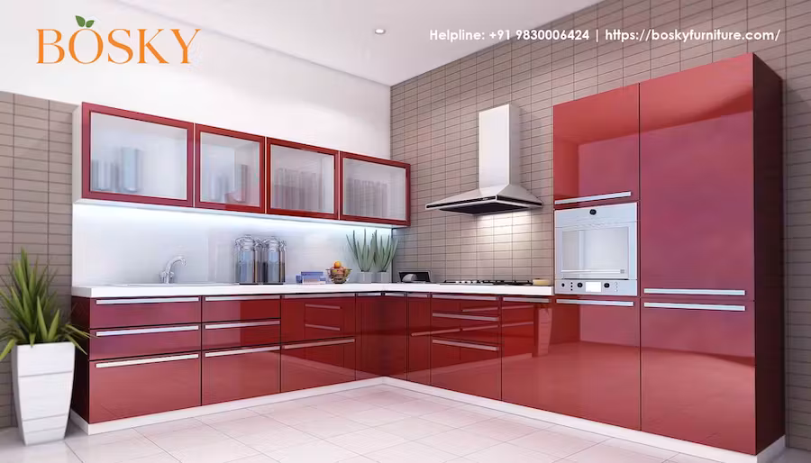 A red velvet touch modular kitchen design image