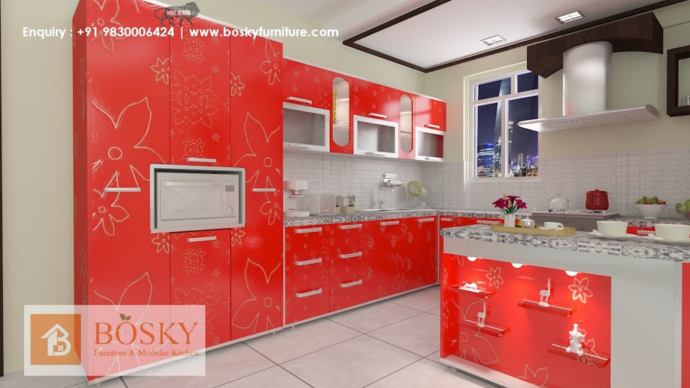 Red and White modular kitchen