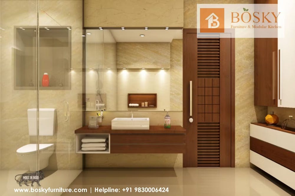 A modern bathroom with wooden doors and units image