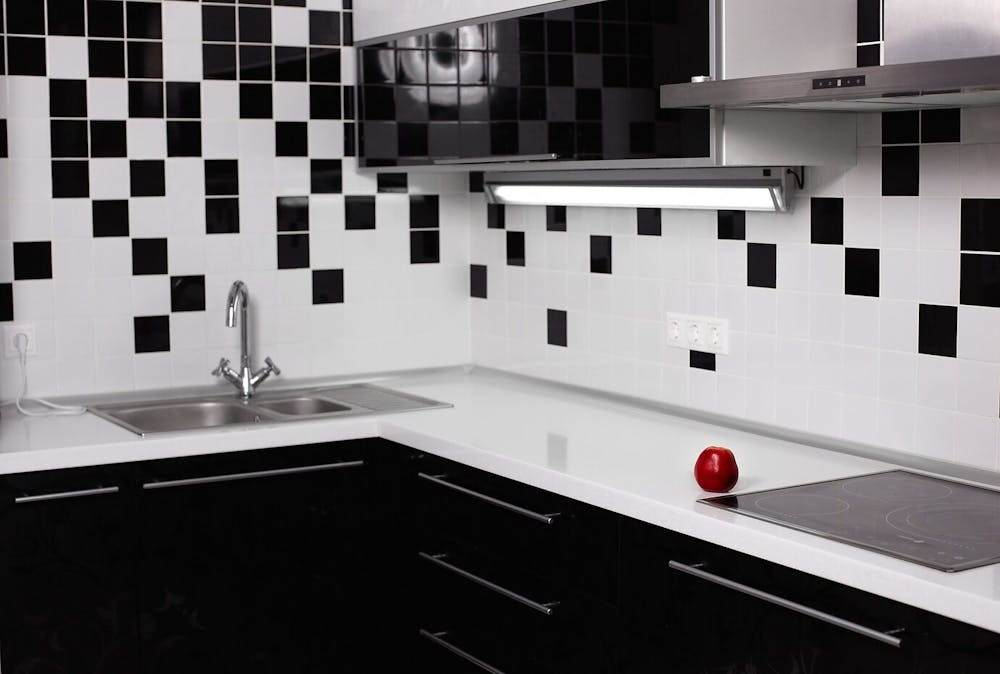 Black and white monochromatic kitchen in L shape pic