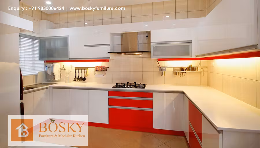 A red and white modular kitchen design