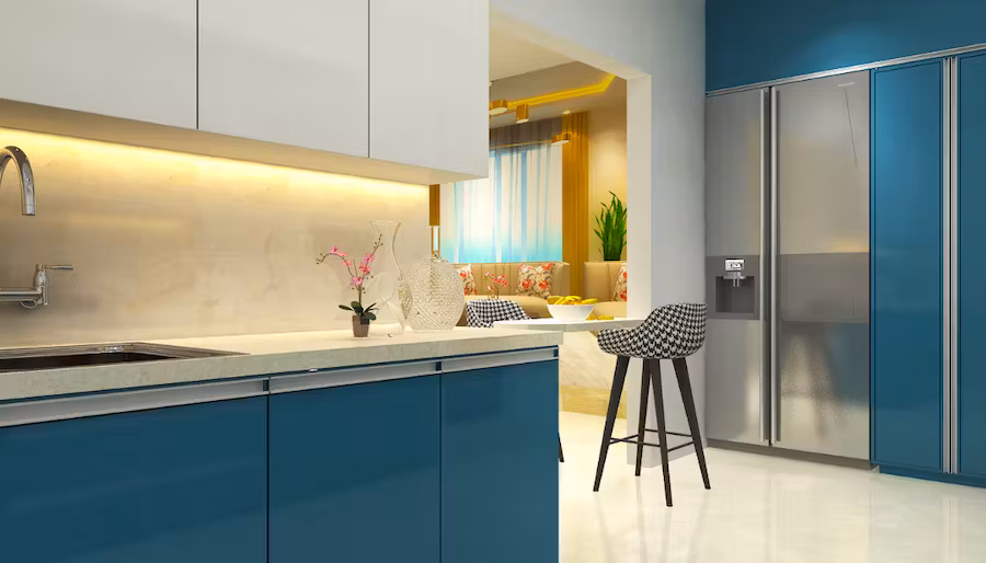 A classy modular kitchen design in blue