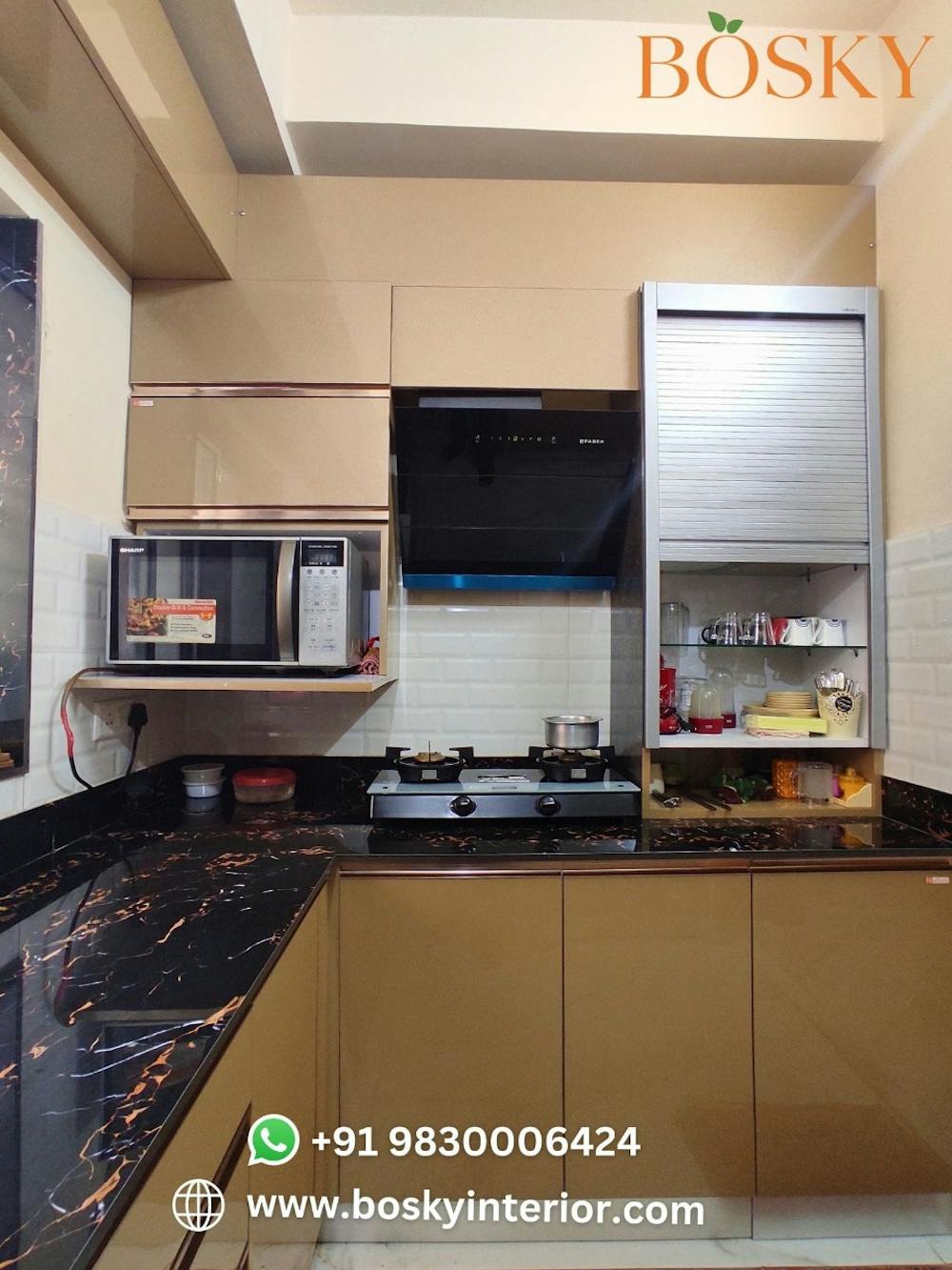 Open shelving L shape modern kitchen pic