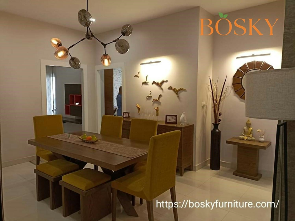 Modern Dark Yellow Chairs and Wooden Textured Table | Bosky Interior Designs