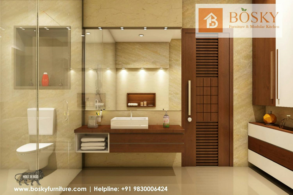 Textured Ivory Wallpaper With Standing Glass Shower | Bosky Interior Design