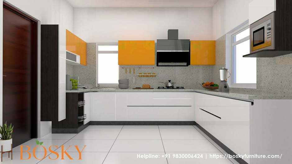 Aesthetic Yellow Blocked Cabinets With Grey Backsplash | Bosky Interior Design