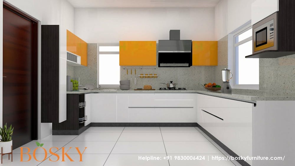 Aesthetic Yellow Blocked Cabinets With Grey Backsplash | Bosky Interior Design