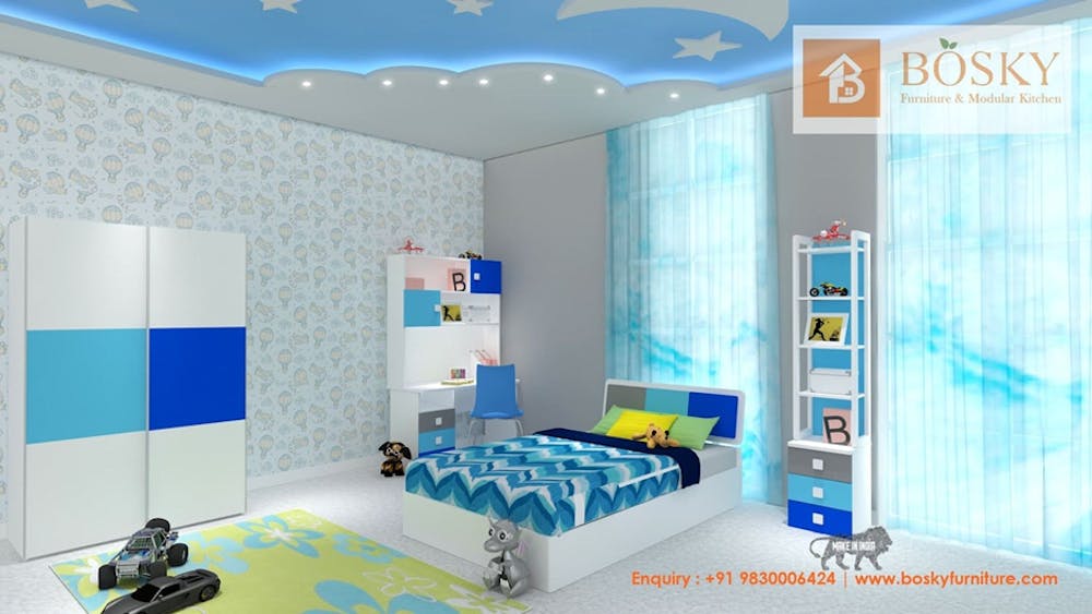 Kids Bedroom Interior with Playful Blue and Cartoon Wallpaper | Bosky Interior Design