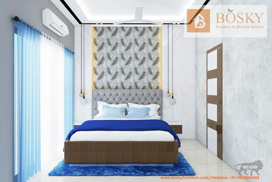 Aquatic Blue with Textured Grey Wall for Bedroom | Bosky Interior Design