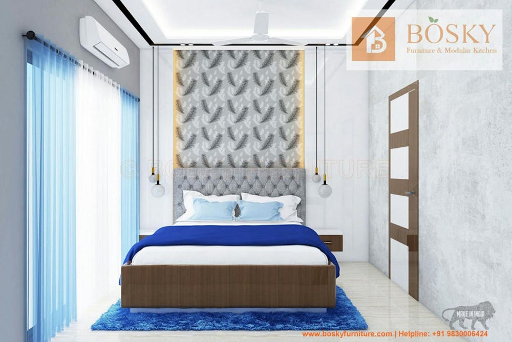Aquatic Blue with Textured Grey Wall for Bedroom | Bosky Interior Design