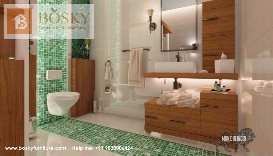 Eloquent Green Tiles with Spacious Wooden Cabinets | Bosky Interior Design
