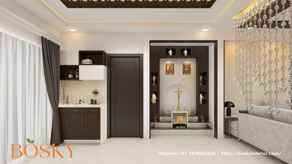 Sophisticated Puja Room with Crystal Chandelier | Bosky Interior Design