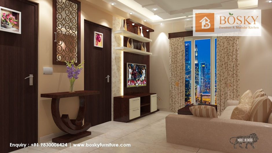 Natural Wooden Texture and Elegant Beige Living Room | Bosky Interior Design