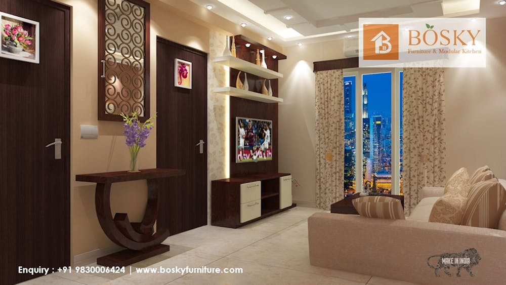 Natural Wooden Texture and Elegant Beige Living Room | Bosky Interior Design