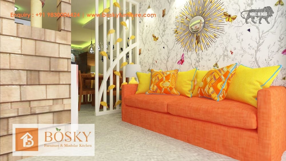 Scenic Living Room with Intricate Partitions | Bosky Interior Design