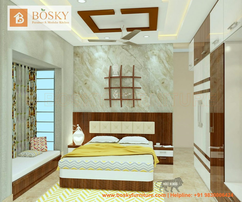 Intricate White Blocks and Dark Wooden Bedhead  | Bosky Interior Design