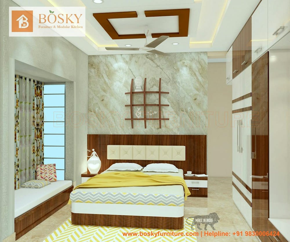Intricate White Blocks and Dark Wooden Bedhead  | Bosky Interior Design